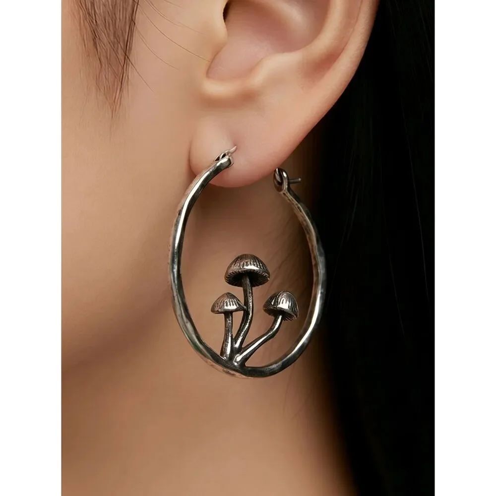 Mushroom Hoop Earrings Antique Silver Fairycore Cottagecore Nature Jewelry NWT